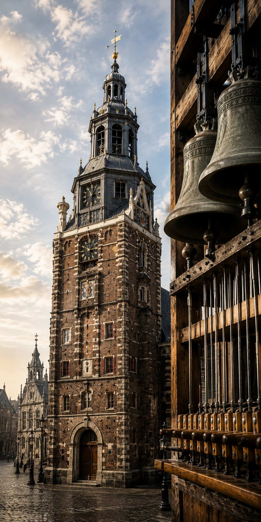 Menara rumah timbang Waag dengan carillon kota, menjulang di atas alun-alun Alkmaar